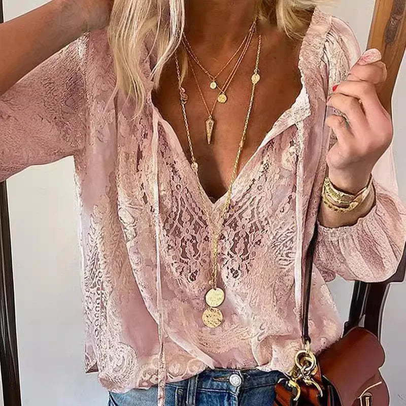 1. Beautiful Lace Long Sleeve V-Neck Top