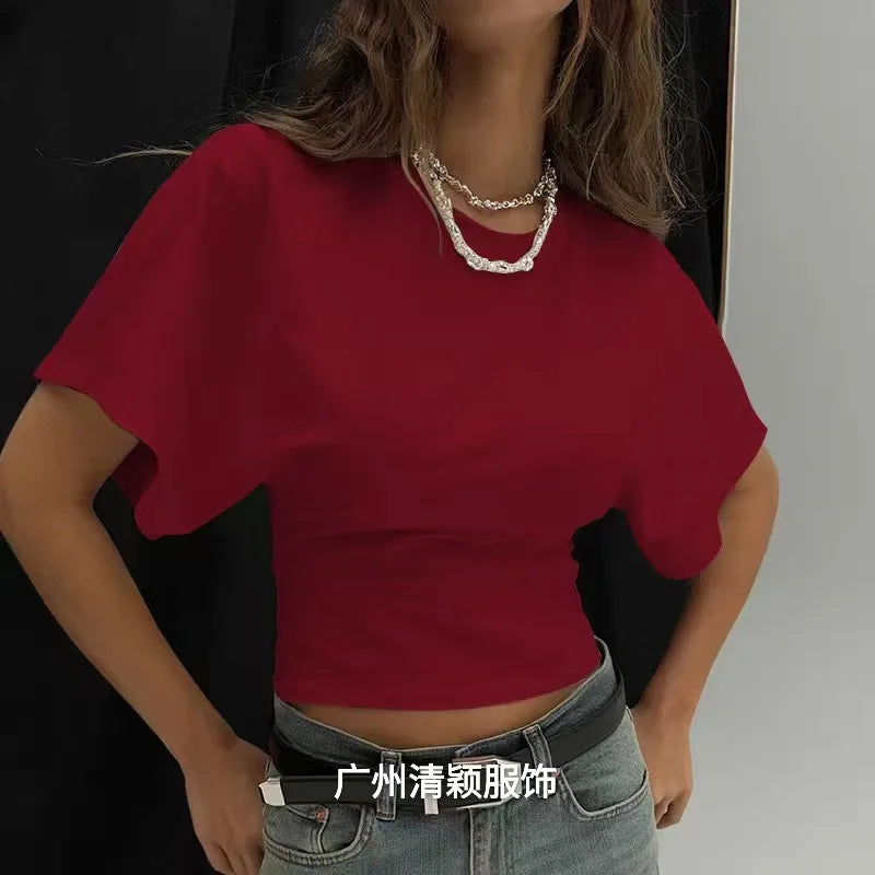 1. Crew Neck Ruched Waist Slim Fit Casual Cropped Tee