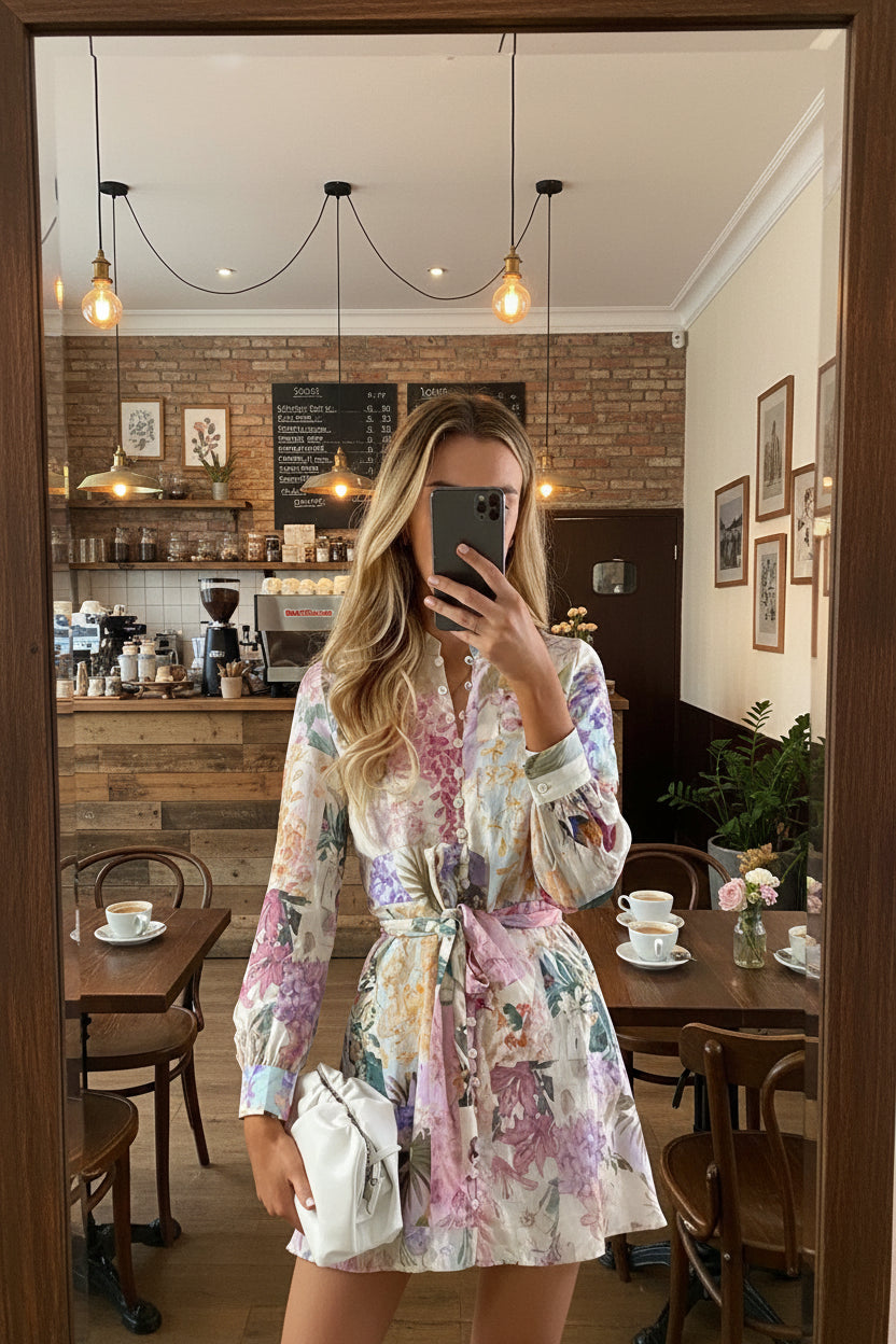 1. Boho Floral Long Sleeve Mini Dress with Tie Waist