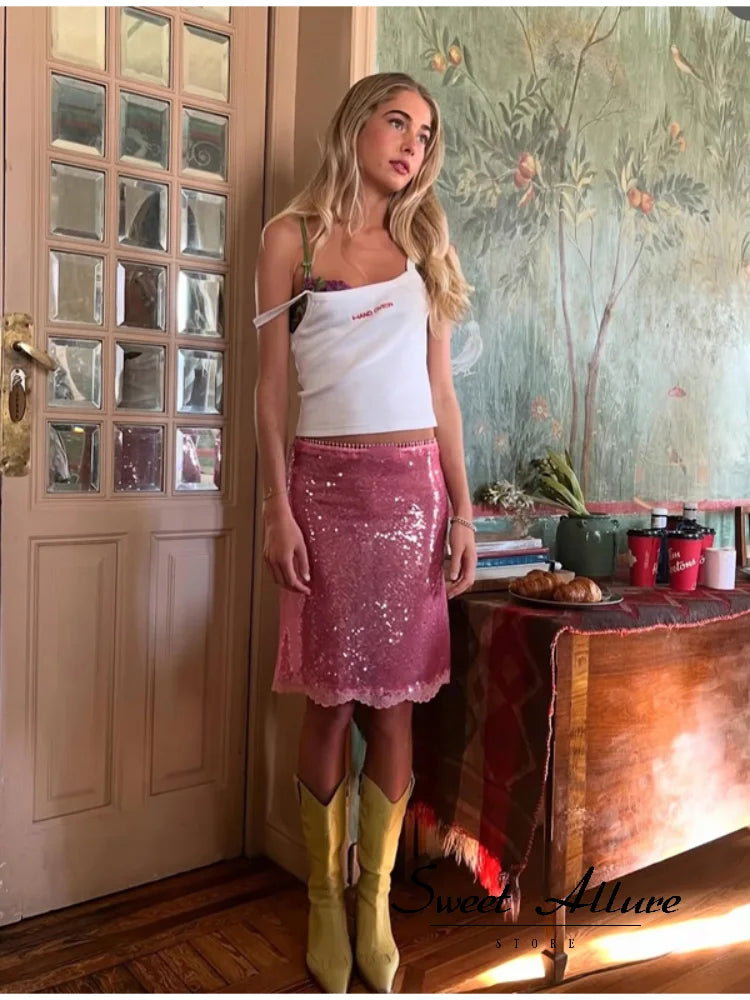 1. Clothing Pink Sequin Knee Length Skirt with Lace Trim