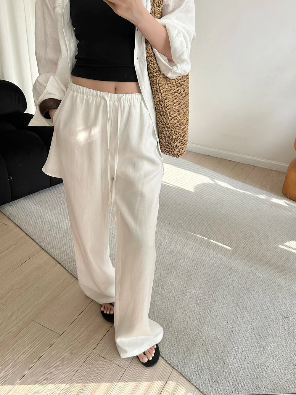 1. Clothing Cotton Linen Wide Leg Slack Pants with Drawstring Waist