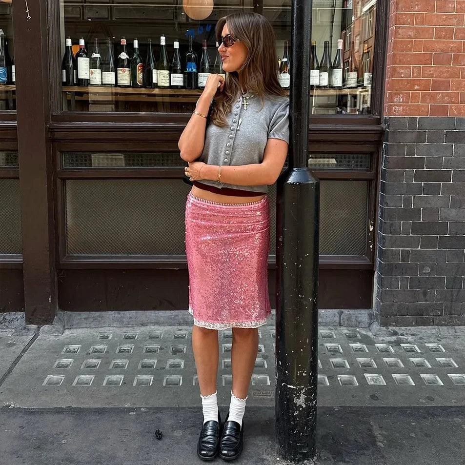 1. Clothing Pink Sequin Knee Length Skirt with Lace Trim