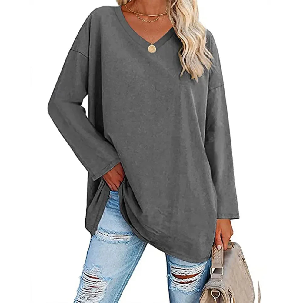 1. Long Sleeve V-Neck Loose Tunic Top
