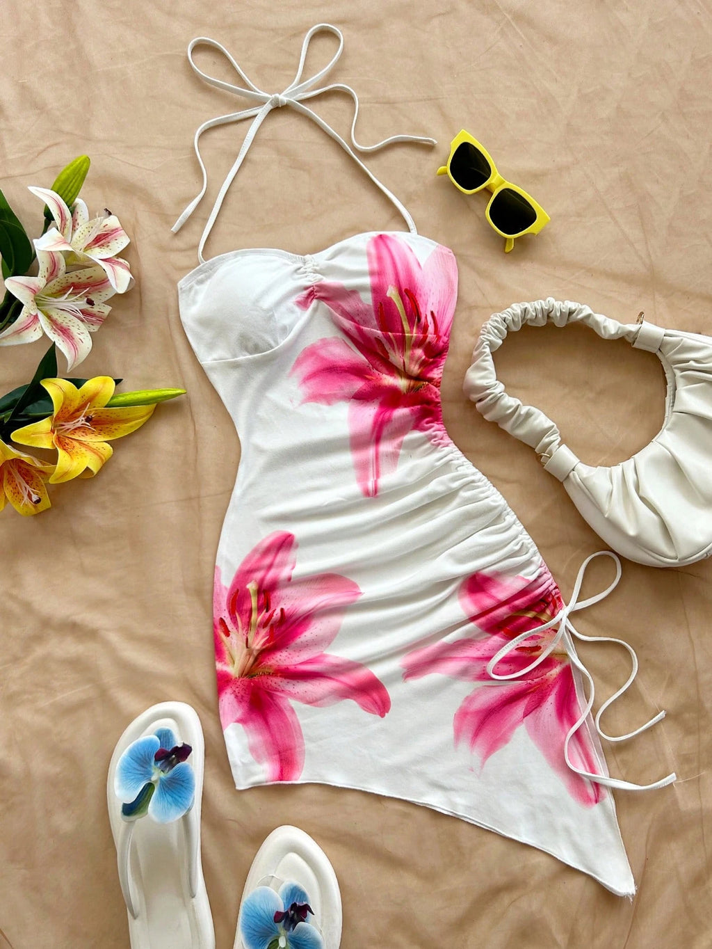 1. Clothing Beach Floral Dress with Halter and Asymmetric Hem