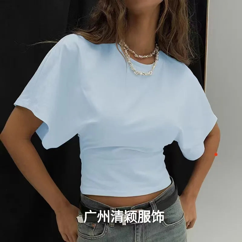 1. Crew Neck Ruched Waist Slim Fit Casual Cropped Tee