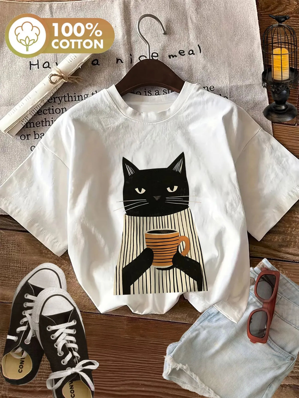 1. T-Shirt Coffee Cat Oversized 100% Cotton