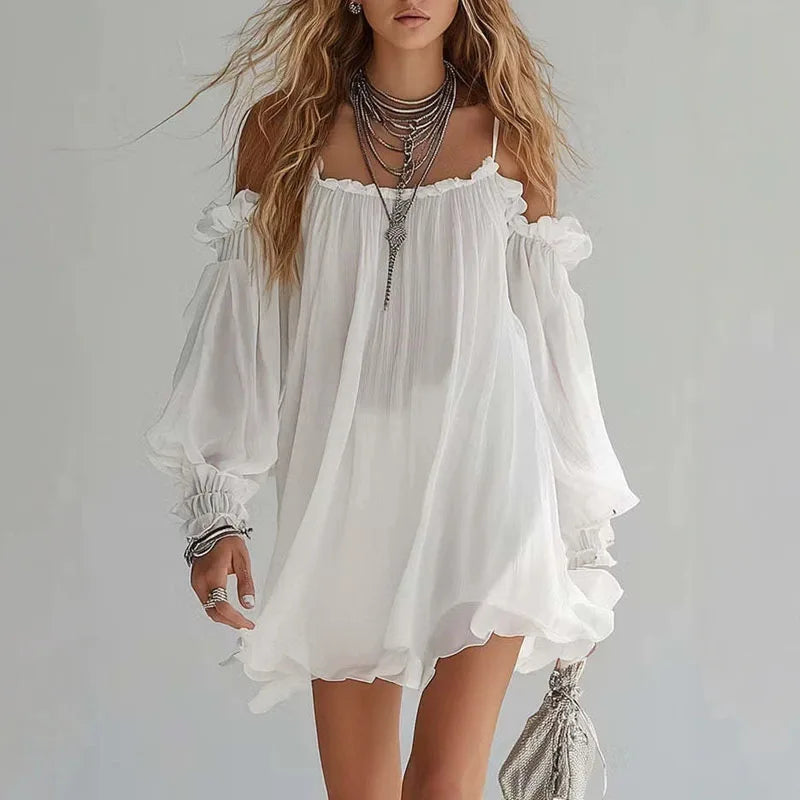 1. Clothing Boho Beach Dress Ruffle Neck Crinkled Dress