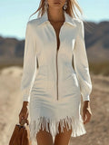 1. Beautiful Stretch Denim Dress with Zip Front Turn Down Collar and Fringe