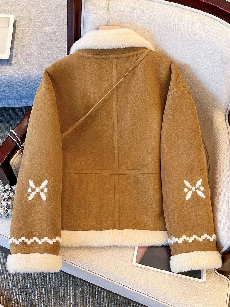 1. Faux Shearling Suede Short Jacket Thick Fleece Lined Loose Fit Winter Coat With Embroidery And Toggle Closure