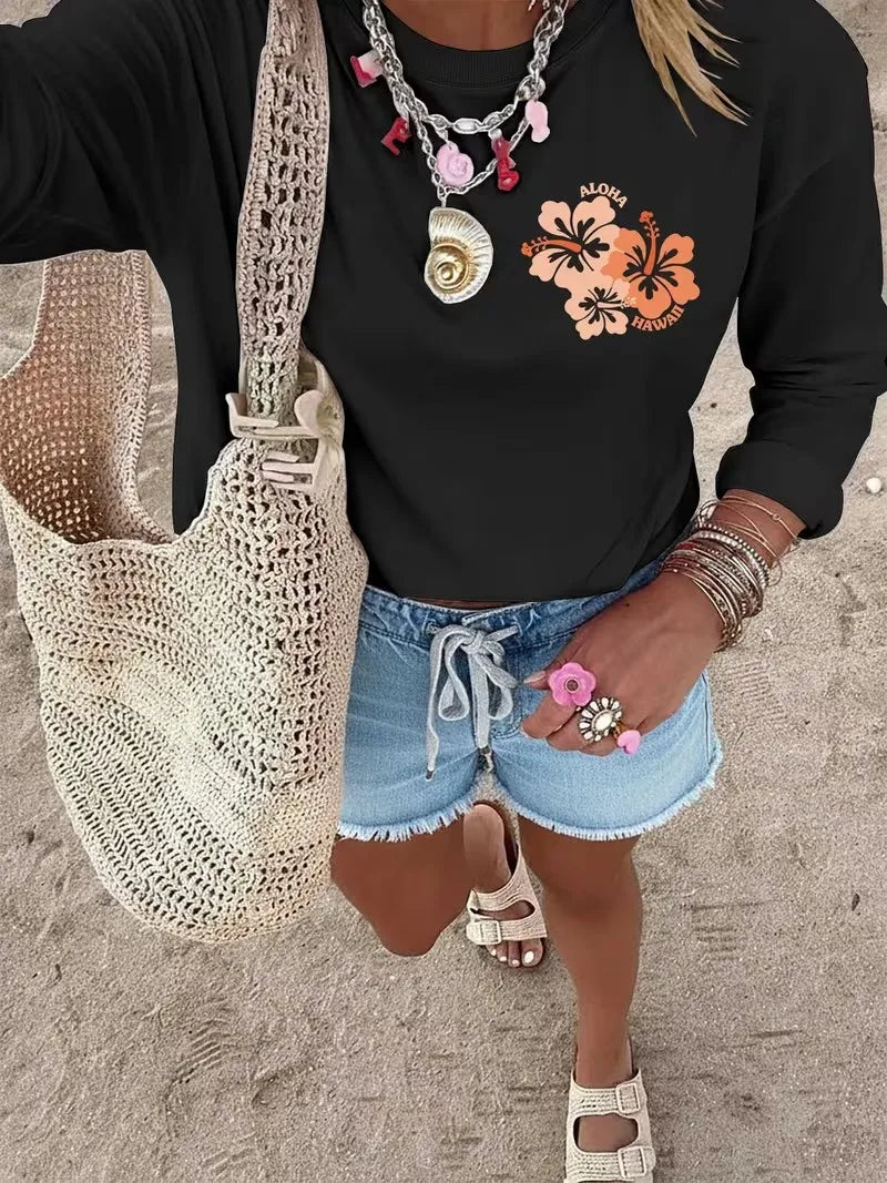 1. T-Shirt Aloha Long sleeve Hibiscus Flower Print T-Shirt 100% Cotton