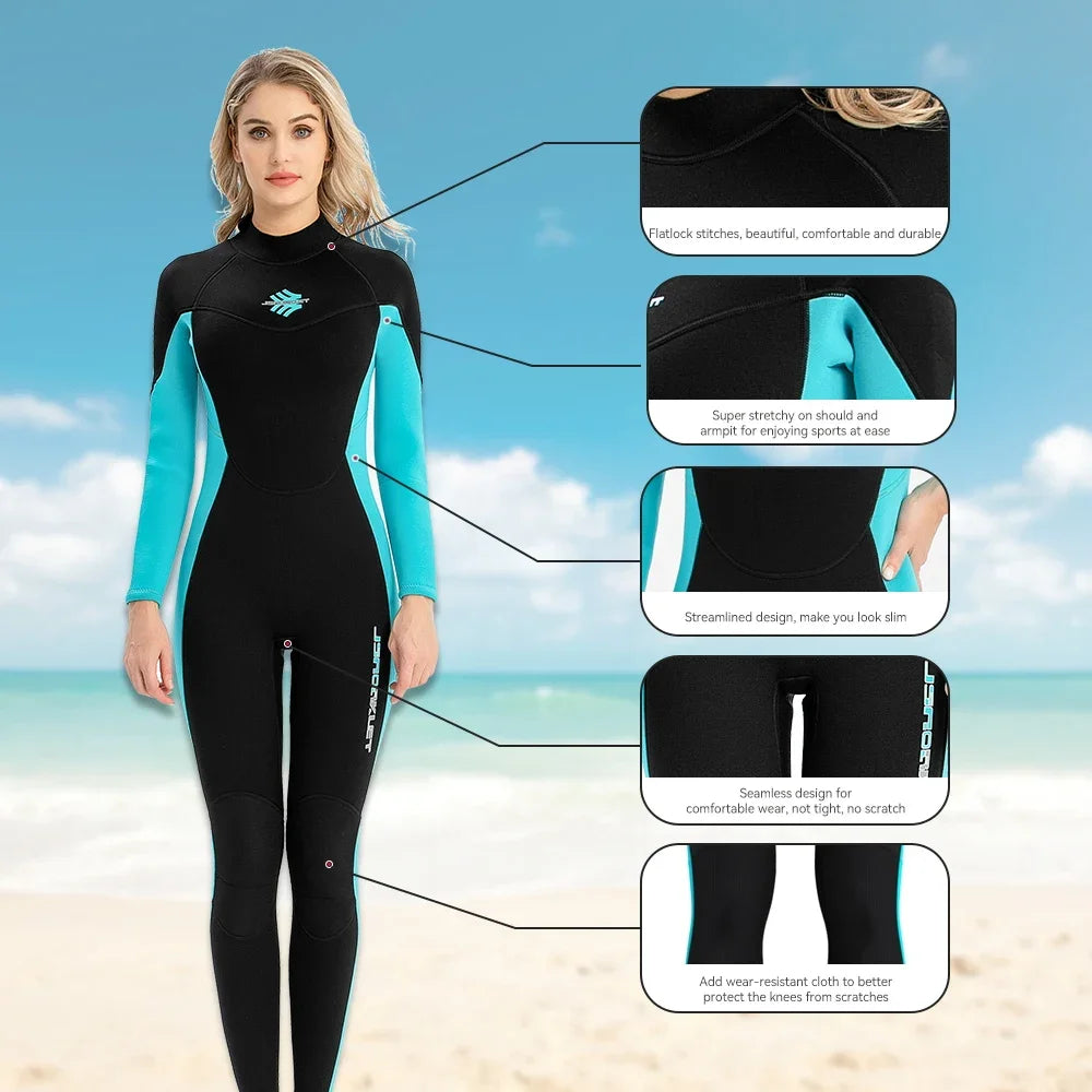 2. Black and Light Blue 3mm Wetsuit for Women Surfing Swimming Snorkeling