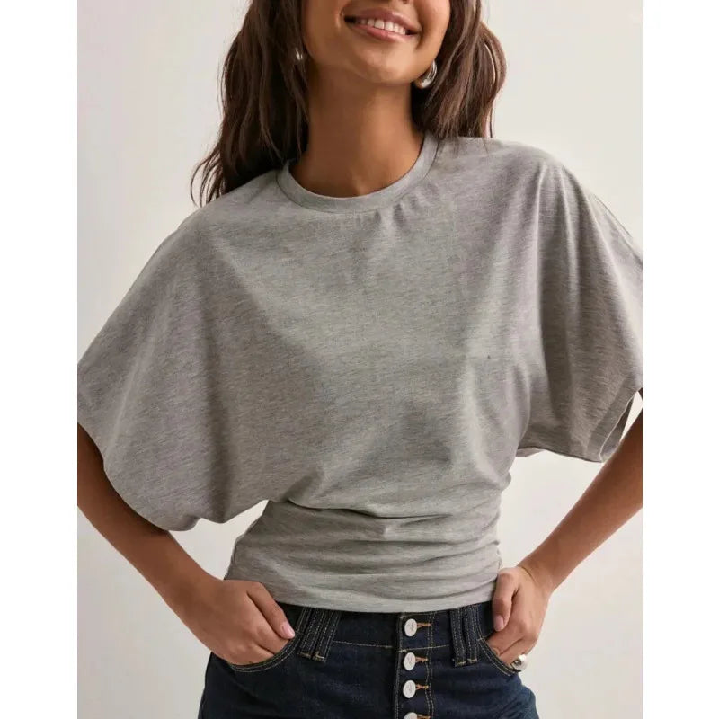 1. Crew Neck Ruched Waist Slim Fit Casual Cropped Tee