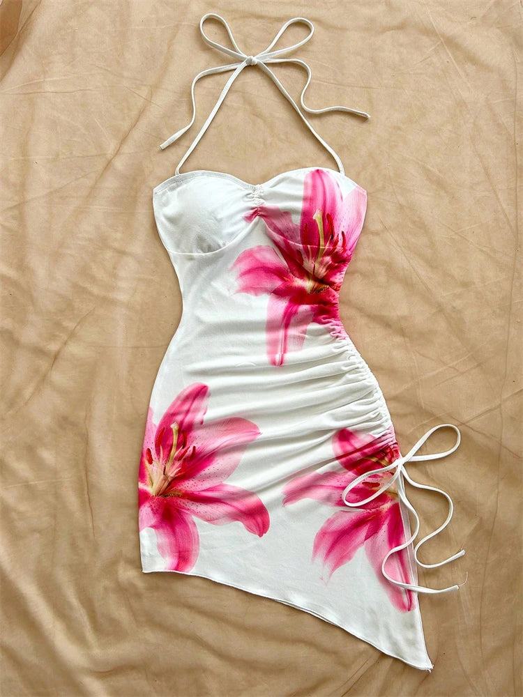 1. Clothing Beach Floral Dress with Halter and Asymmetric Hem