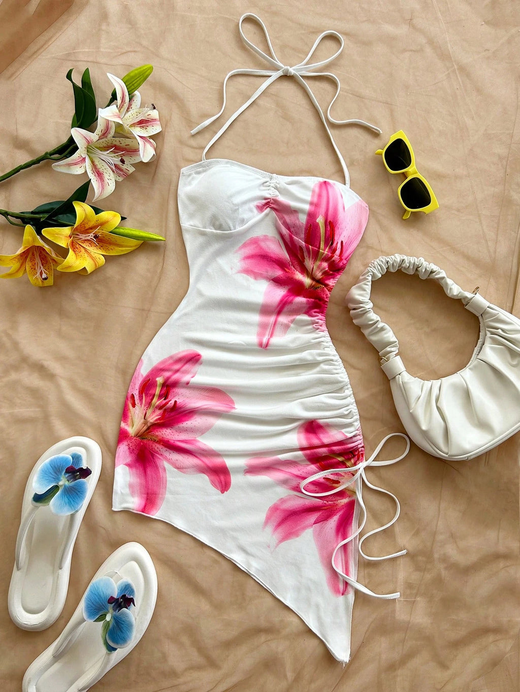 1. Clothing Beach Floral Dress with Halter and Asymmetric Hem