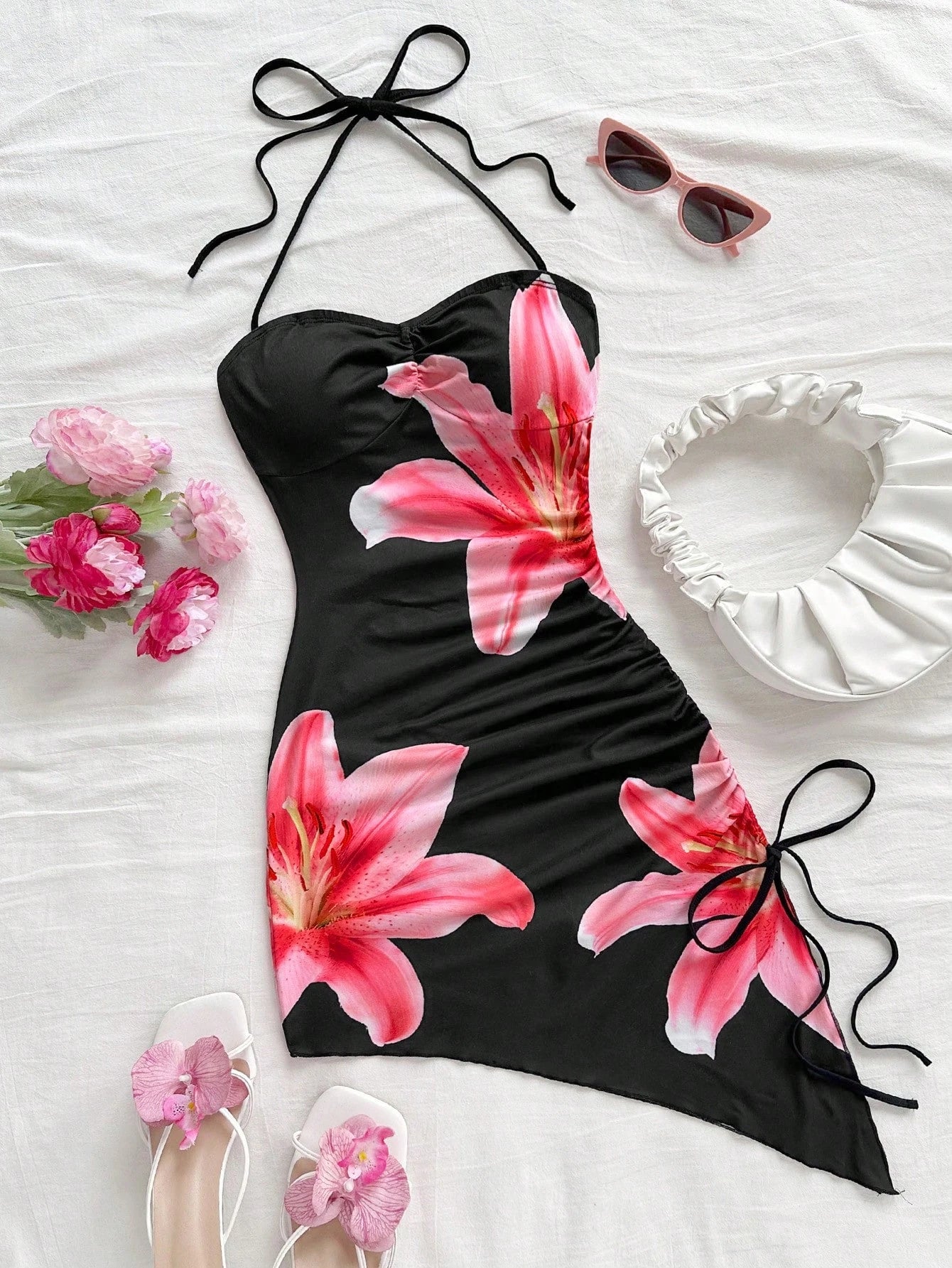 1. Clothing Beach Floral Dress with Halter and Asymmetric Hem