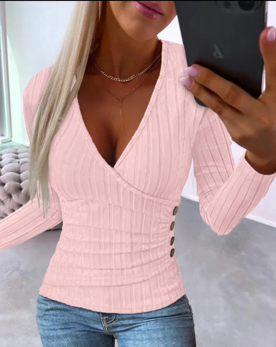 1. Cotton Blend V-Neck Rib Knit Top
