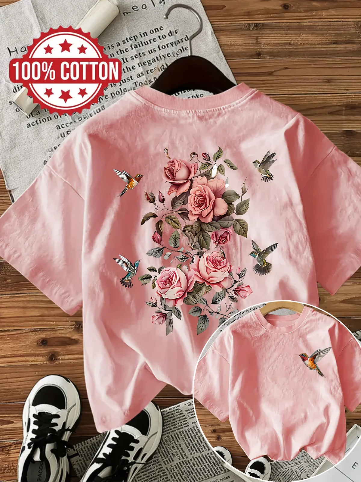 1. T-shirt Hummingbird & Flowers 100% Cotton Print T-Shirt
