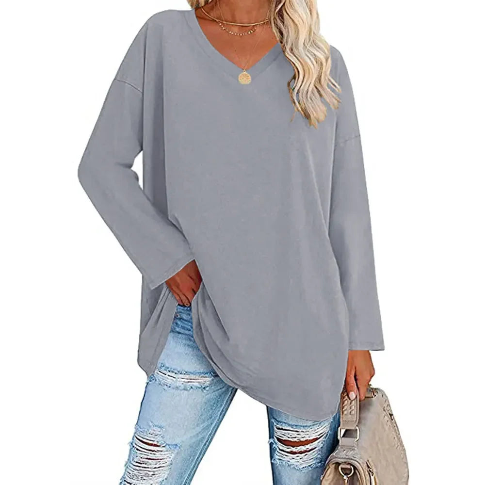 1. Long Sleeve V-Neck Loose Tunic Top