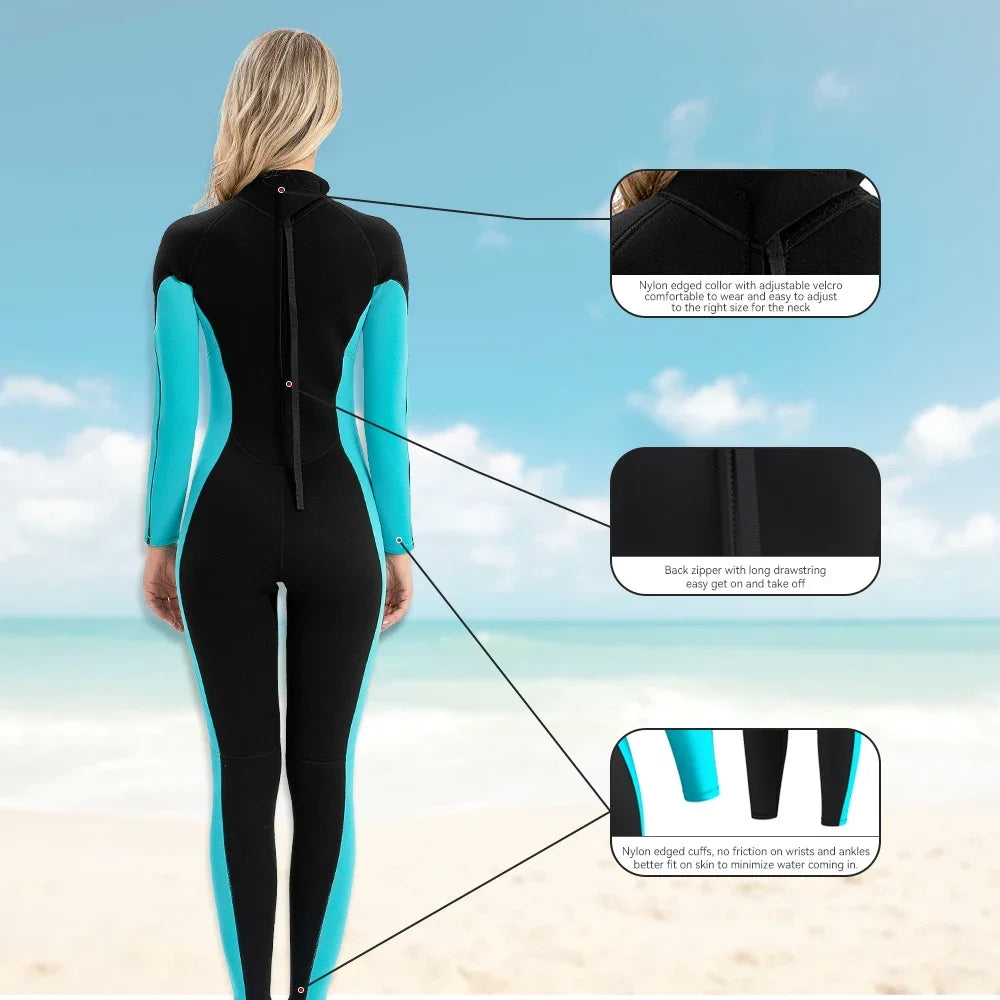 2. Black and Light Blue 3mm Wetsuit for Women Surfing Swimming Snorkeling