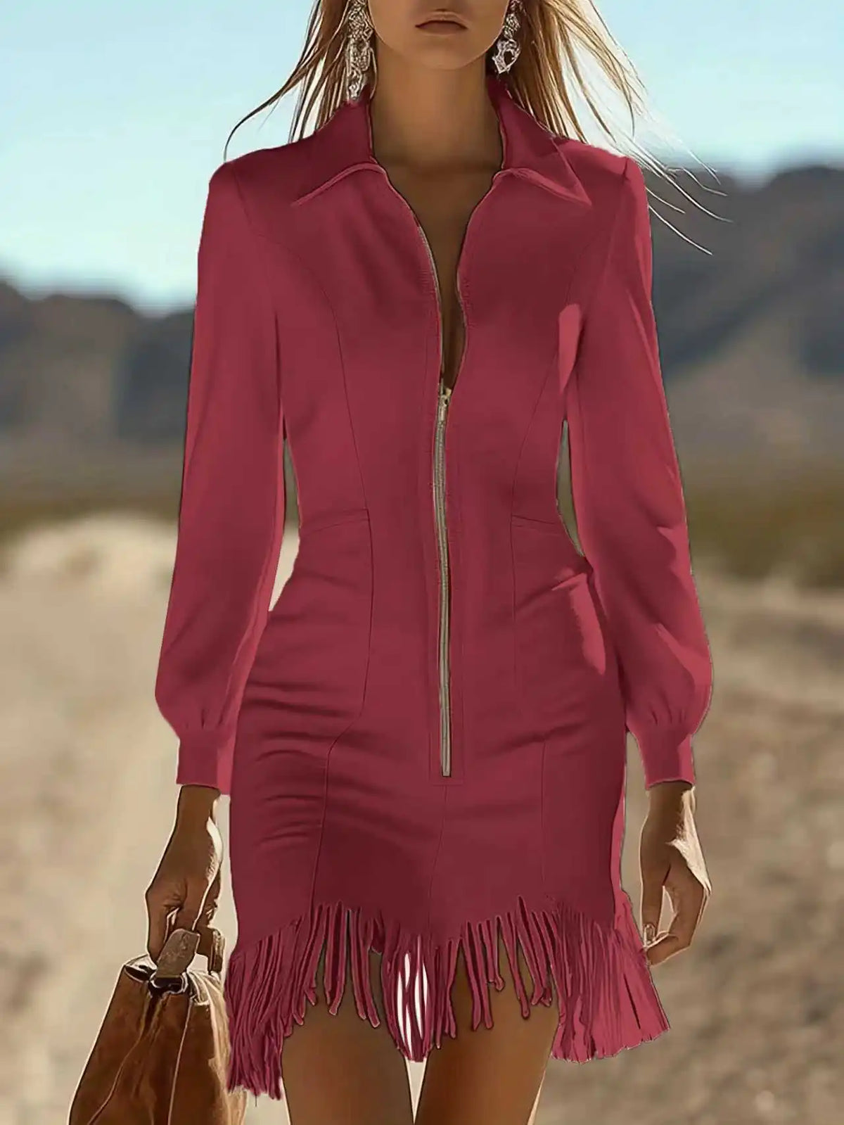 1. Beautiful Stretch Denim Dress with Zip Front Turn Down Collar and Fringe