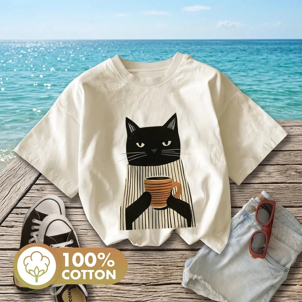1. T-Shirt Coffee Cat Oversized 100% Cotton