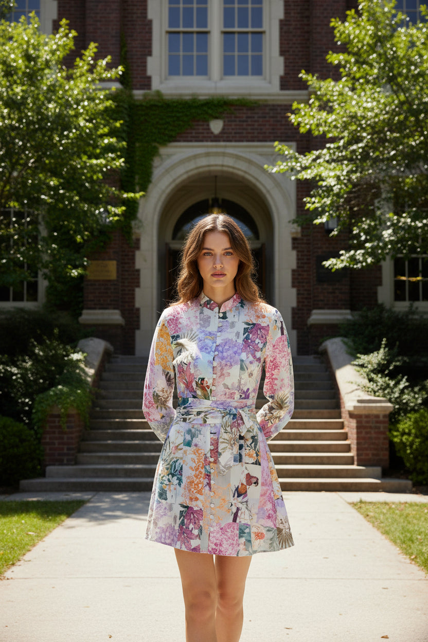 1. Boho Floral Long Sleeve Mini Dress with Tie Waist