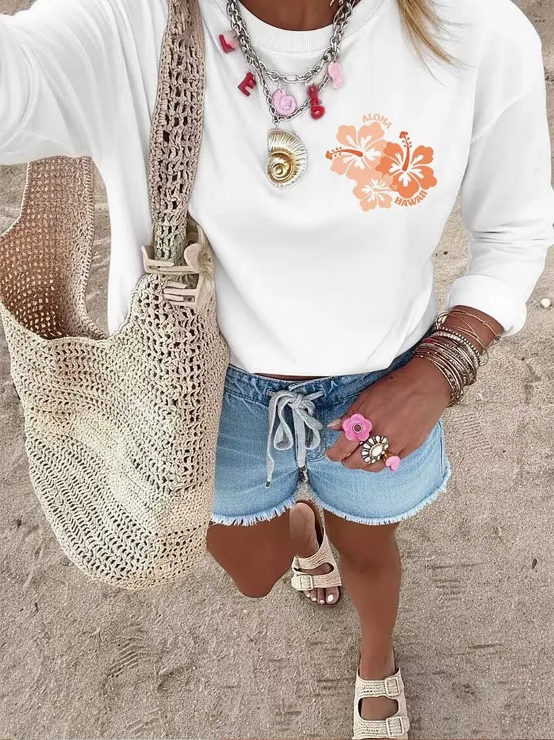 1. T-Shirt Aloha Long sleeve Hibiscus Flower Print T-Shirt 100% Cotton