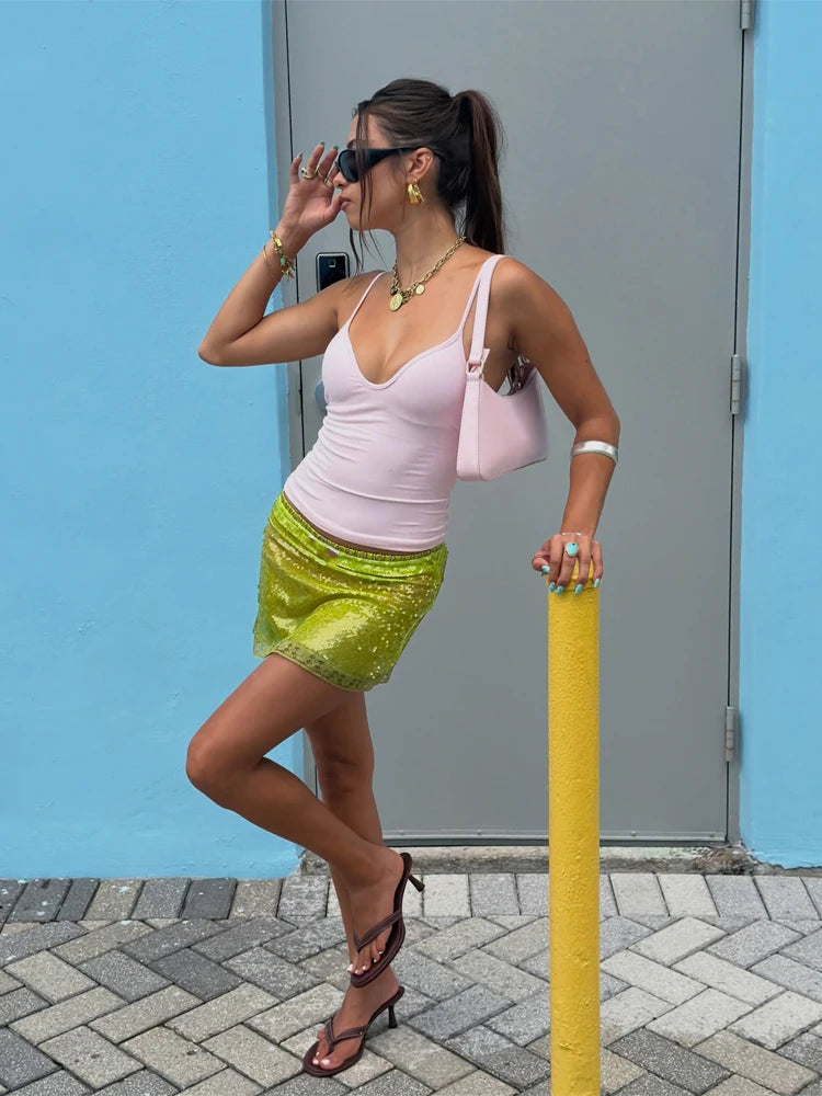 1. Pink Sequin Knee Length Skirt with Lace Trim