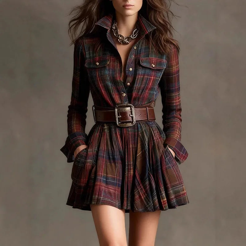 1. French Retro A-line Plaid Dress long Sleeve Mini