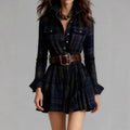 2. French Retro A-line Plaid Dress long Sleeve Mini