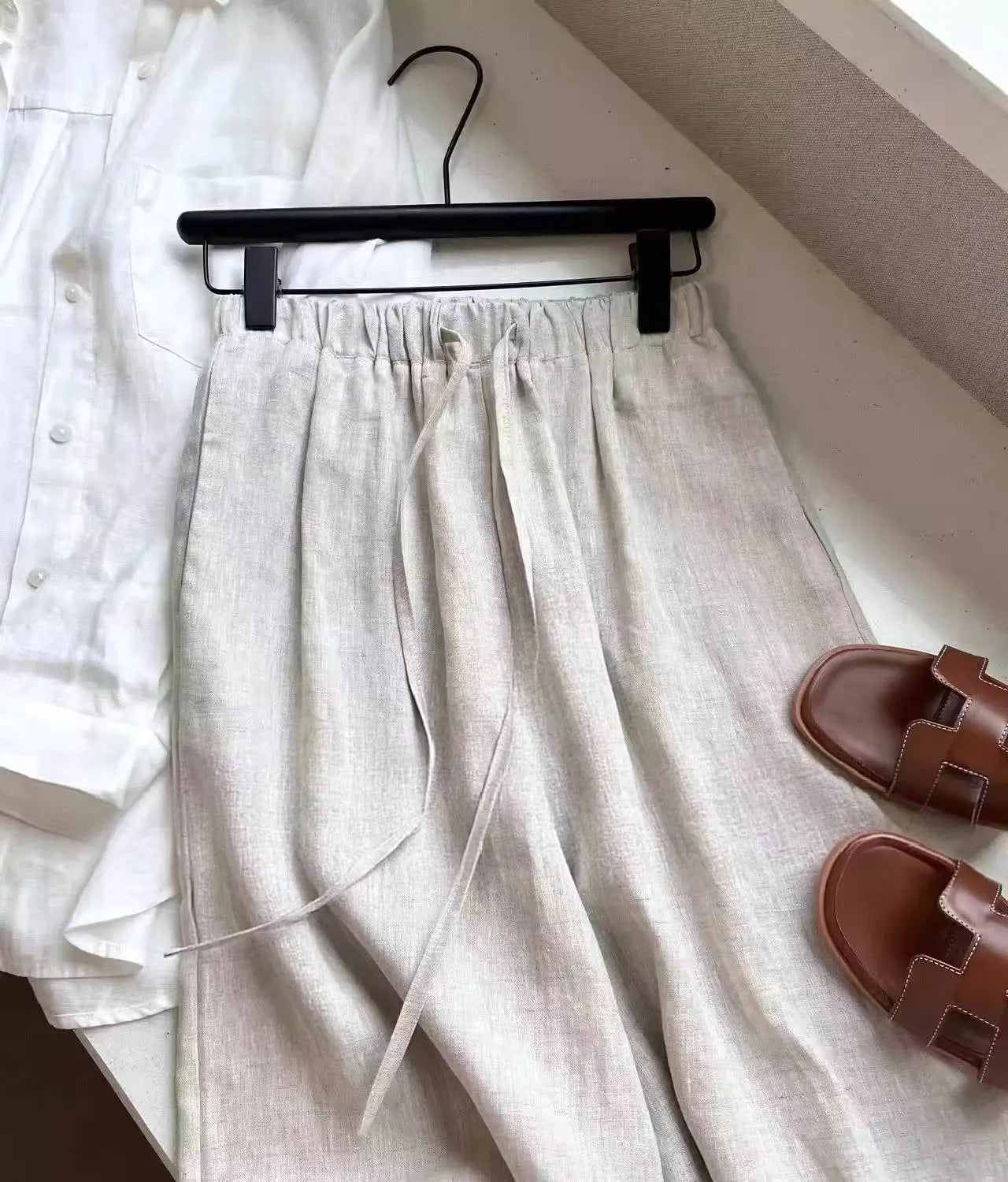1. Clothing Cotton Linen Wide Leg Slack Pants with Drawstring Waist