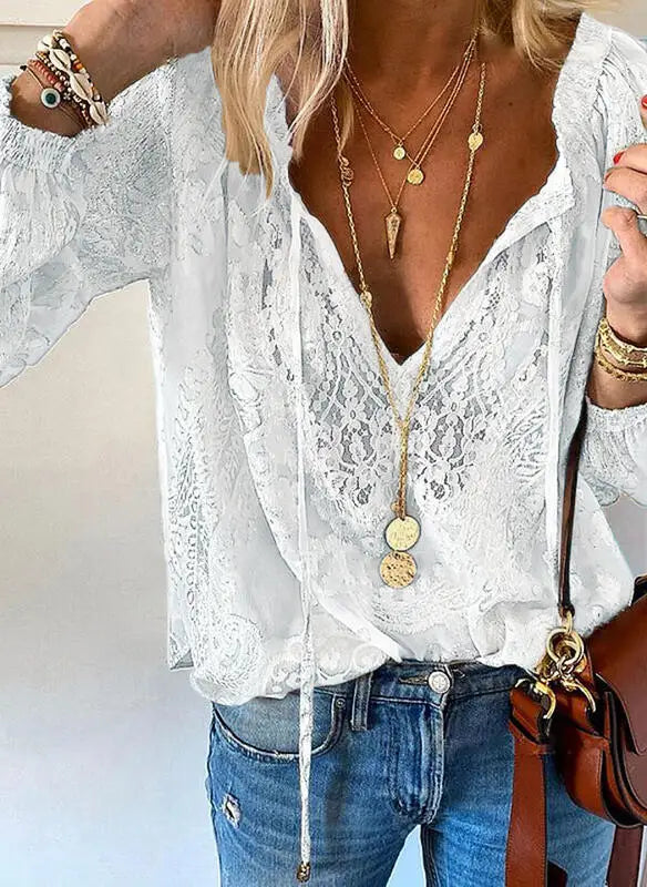 1. Beautiful Lace Long Sleeve V-Neck Top