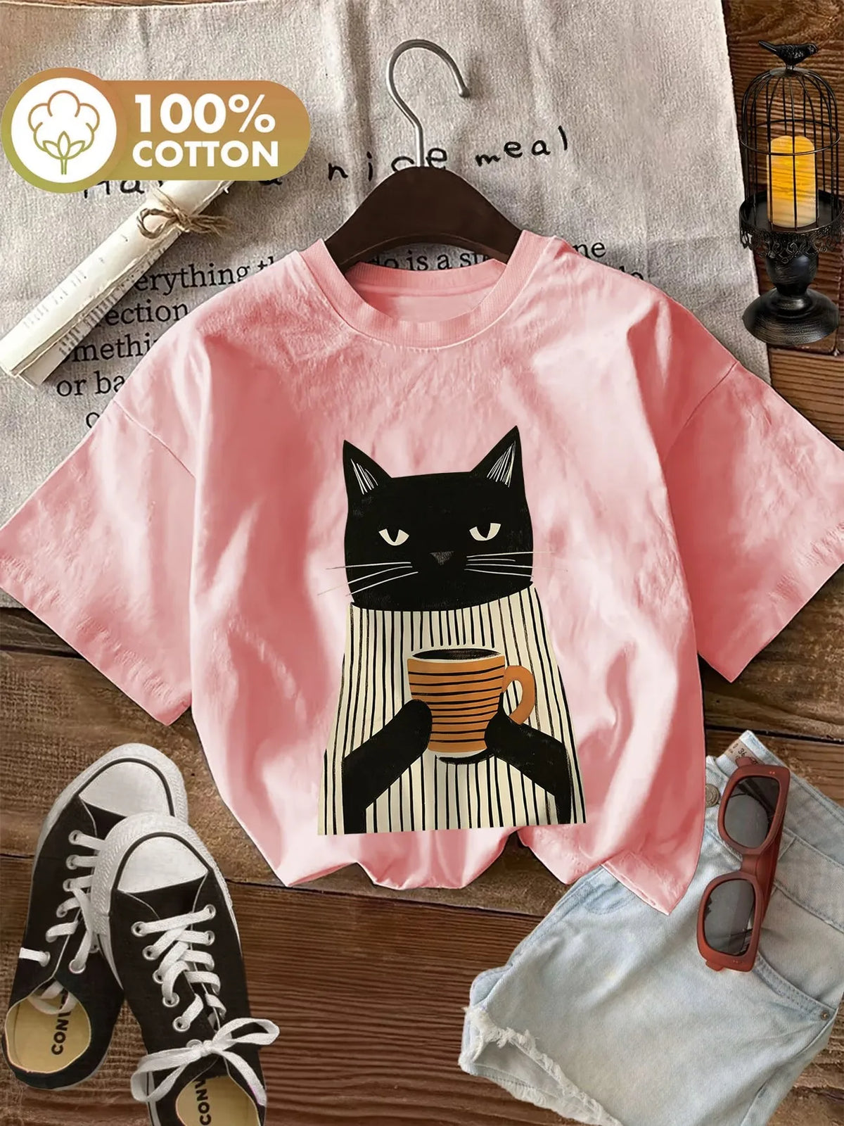 1. T-Shirt Coffee Cat Oversized 100% Cotton