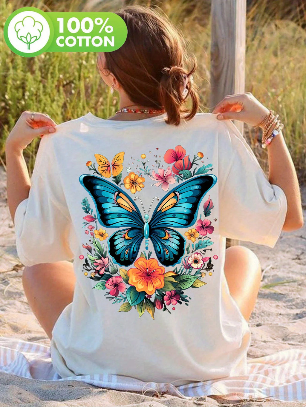 1. T-Shirt 100% Cotton Women's Short Sleeve Crew Neck T-Shirt Butterflies Floral Print