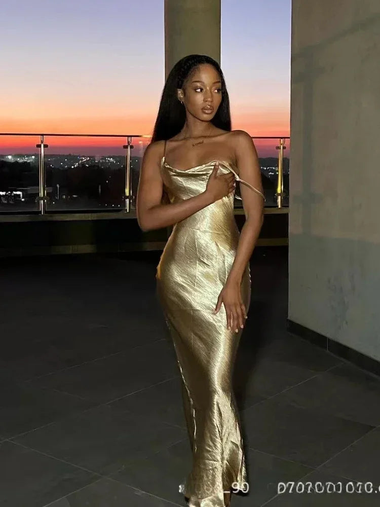 1. Clothing Backless Gold Satin Dress
