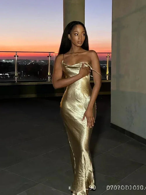 1. Clothing Backless Gold Satin Dress