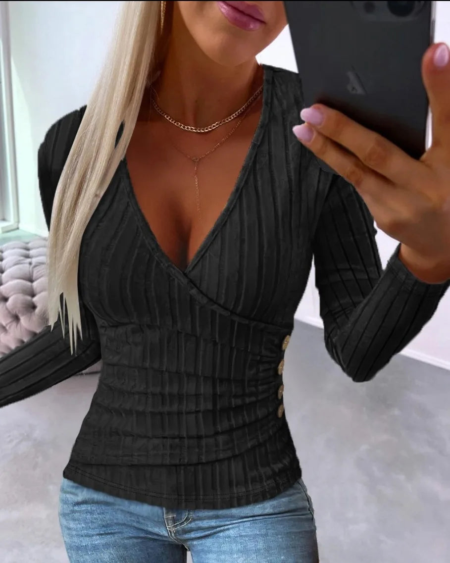 1. Cotton Blend V-Neck Rib Knit Top