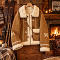 1. Faux Shearling Suede Short Jacket Thick Fleece Lined Loose Fit Winter Coat With Embroidery And Toggle Closure