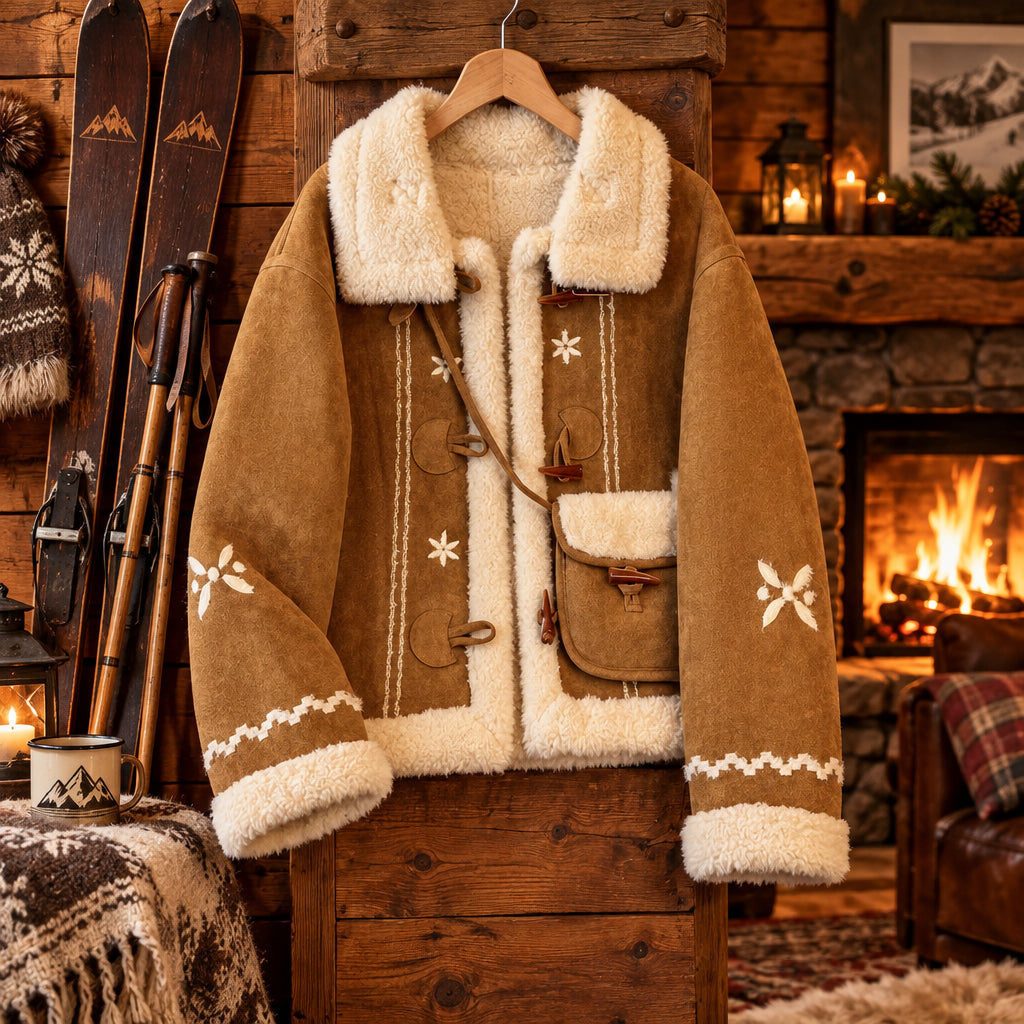 1. Faux Shearling Suede Short Jacket Thick Fleece Lined Loose Fit Winter Coat With Embroidery And Toggle Closure