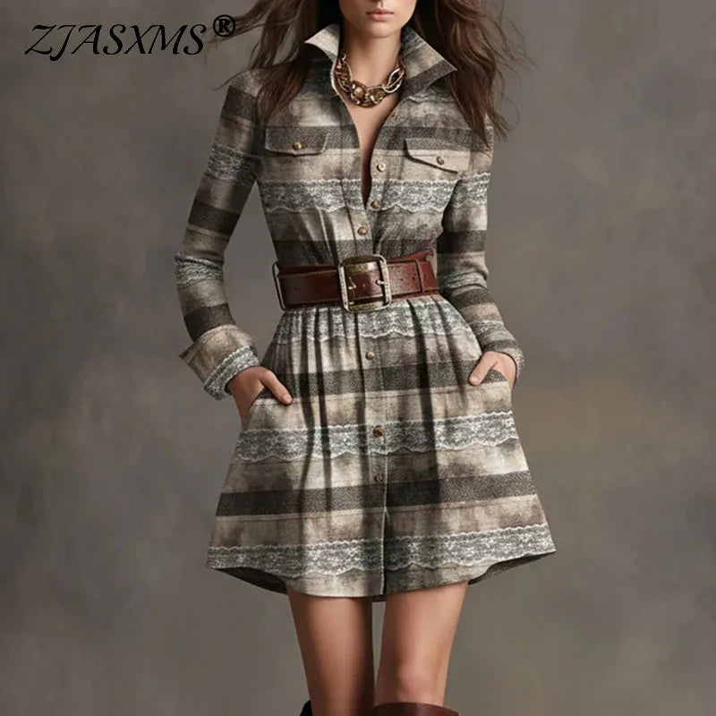 2. French Retro A-line Plaid Dress long Sleeve Mini