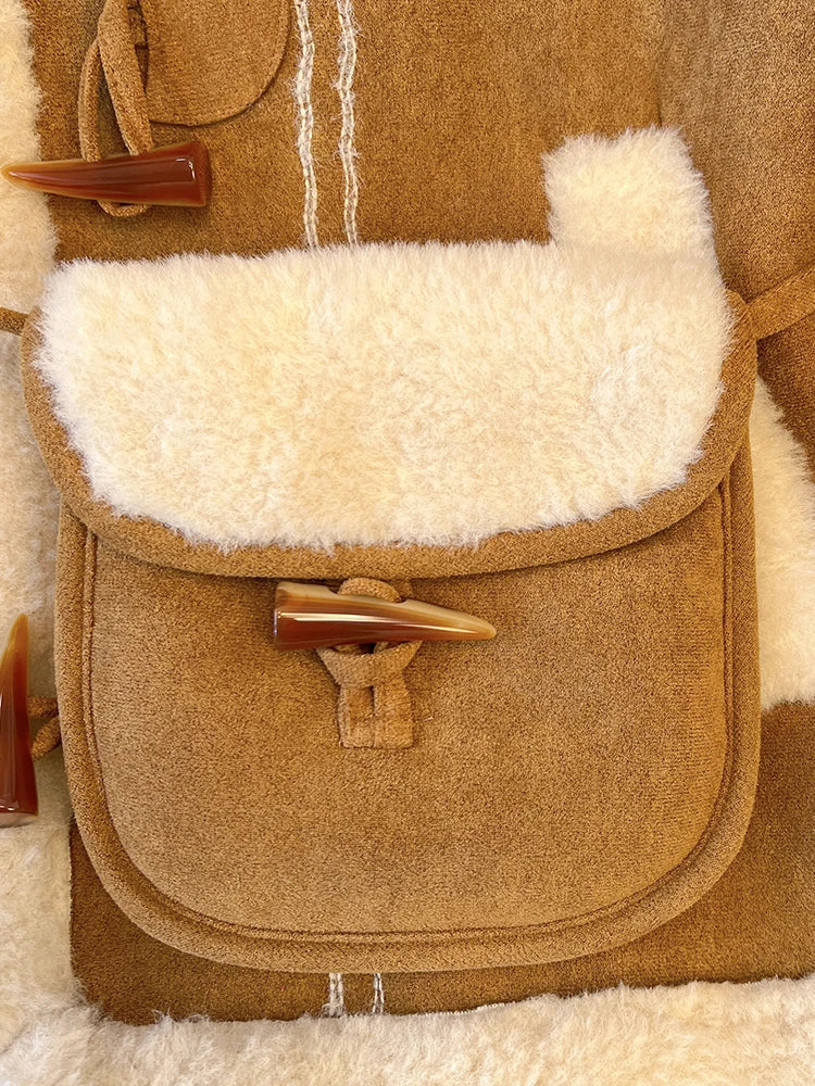 1. Faux Shearling Suede Short Jacket Thick Fleece Lined Loose Fit Winter Coat With Embroidery And Toggle Closure