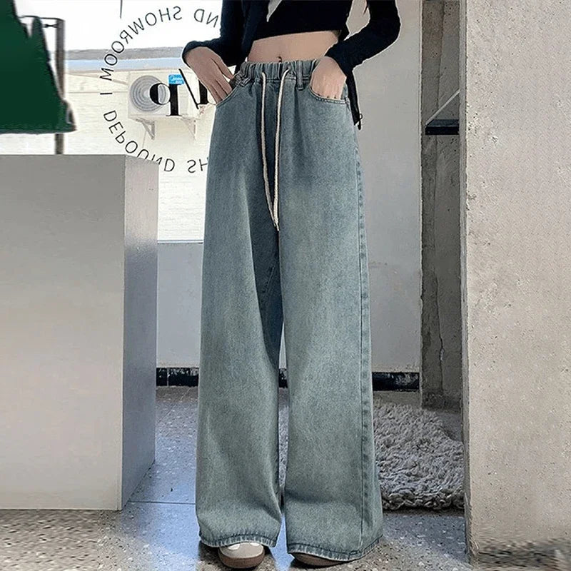 1. Wide Leg Denim Jeans With Tie and Elastic Waist