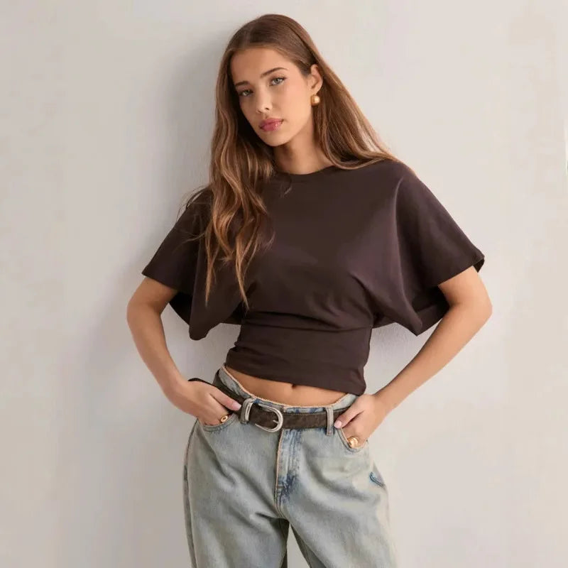 1. Crew Neck Ruched Waist Slim Fit Casual Cropped Tee