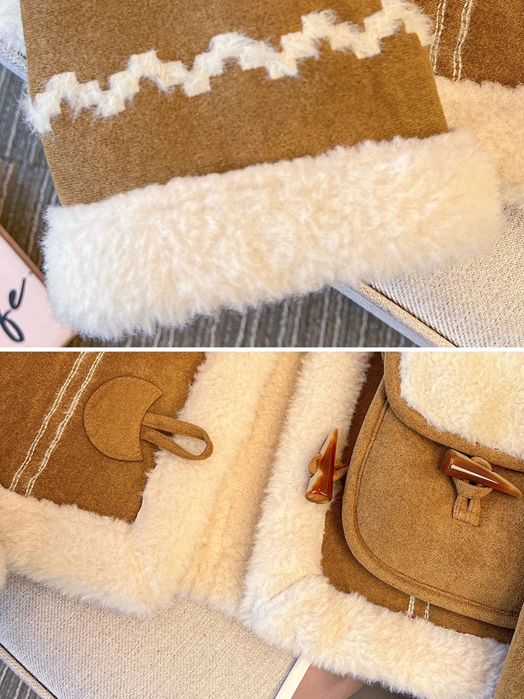 1. Faux Shearling Suede Short Jacket Thick Fleece Lined Loose Fit Winter Coat With Embroidery And Toggle Closure