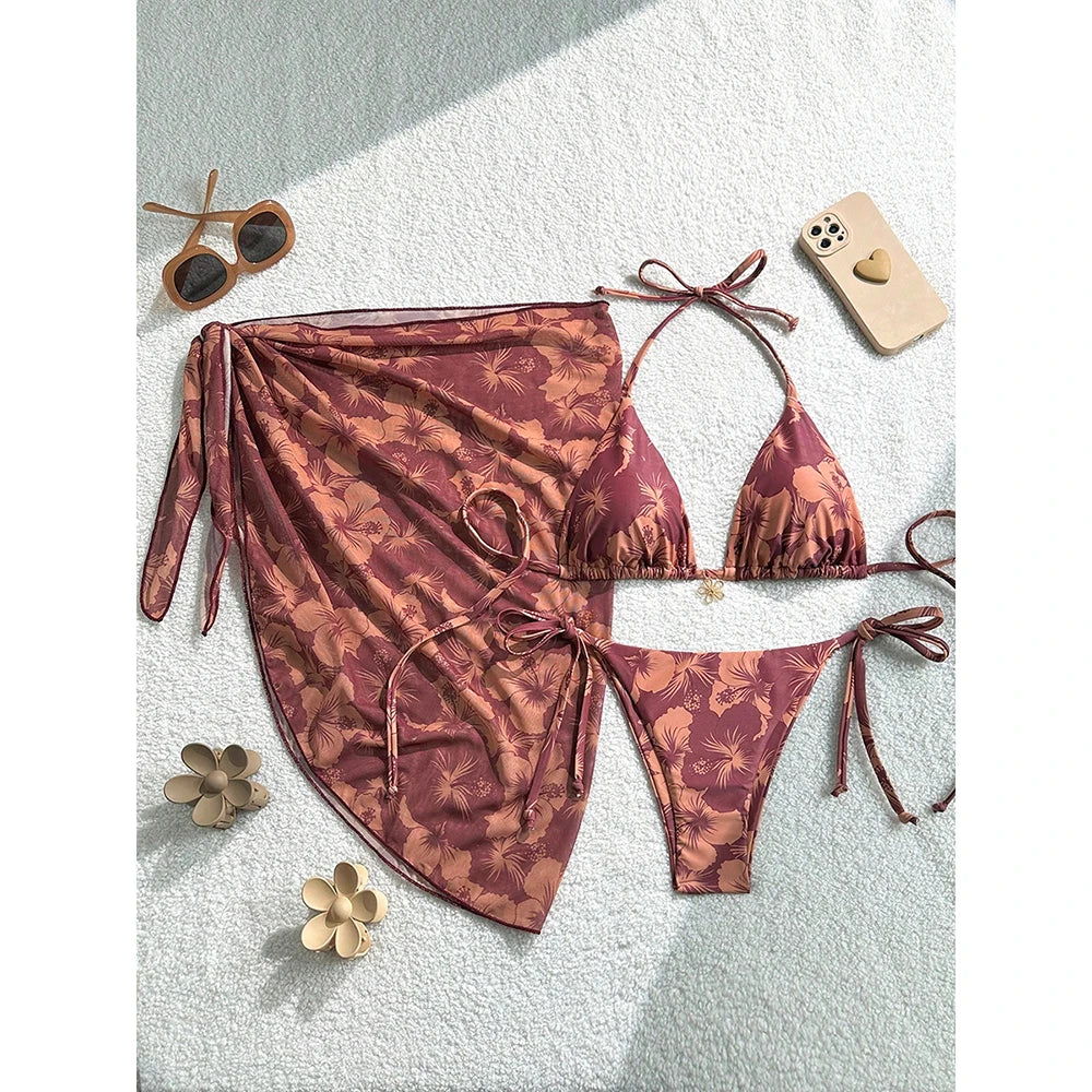 1. Clothing Bikini Hibiscus String Bikini with Pareo