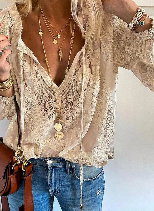 1. Beautiful Lace Long Sleeve V-Neck Top