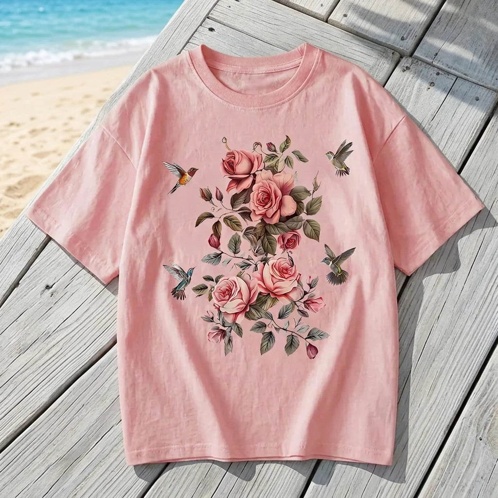 1. T-shirt Hummingbird & Flowers 100% Cotton Print T-Shirt