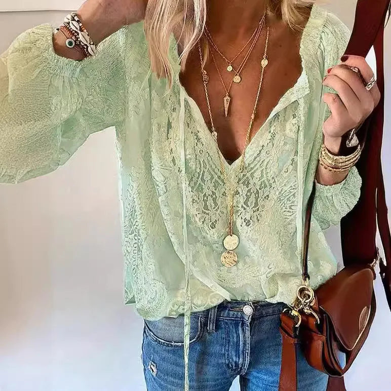 1. Beautiful Lace Long Sleeve V-Neck Top