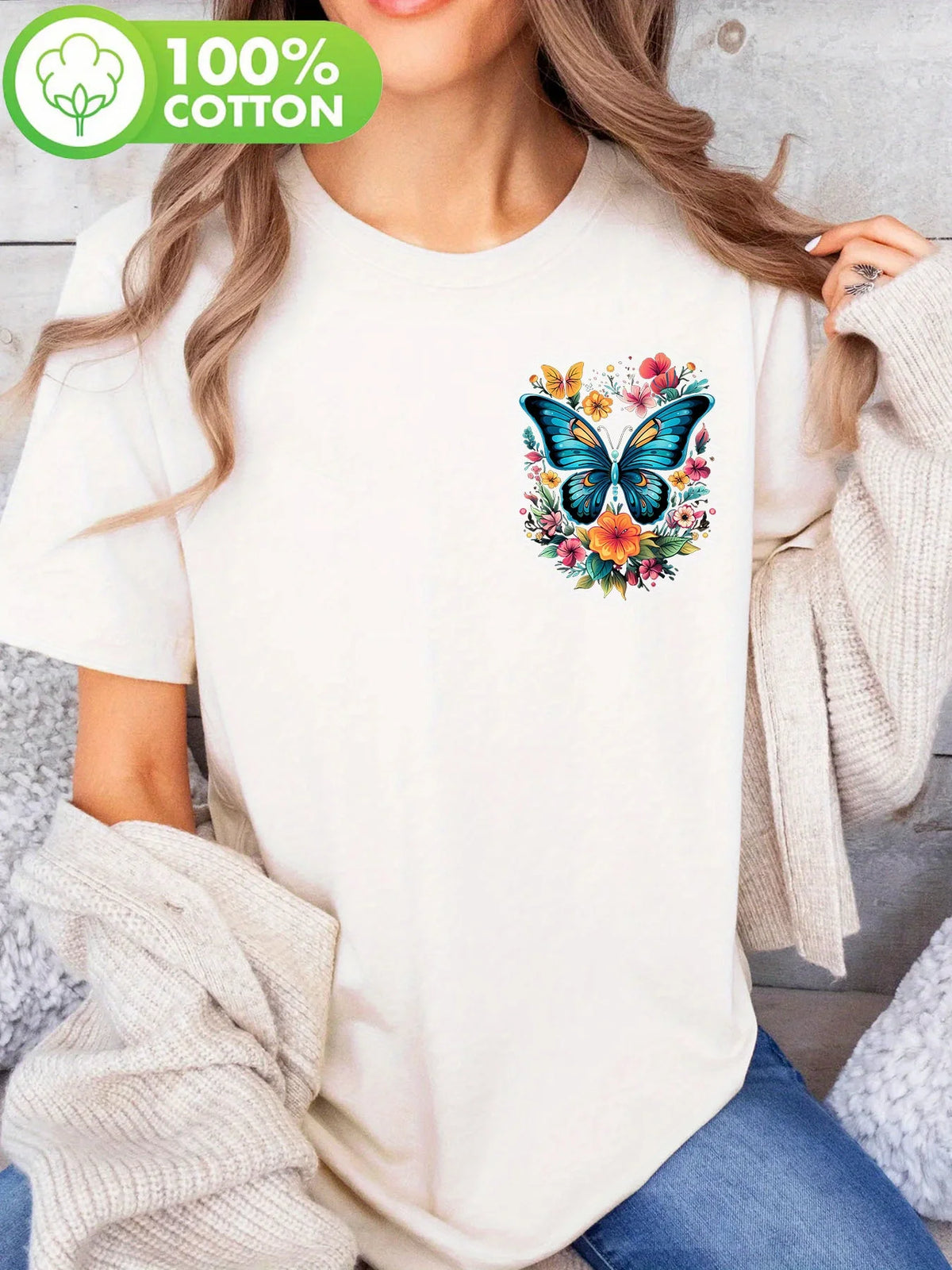 1. T-Shirt 100% Cotton Women's Short Sleeve Crew Neck T-Shirt Butterflies Floral Print