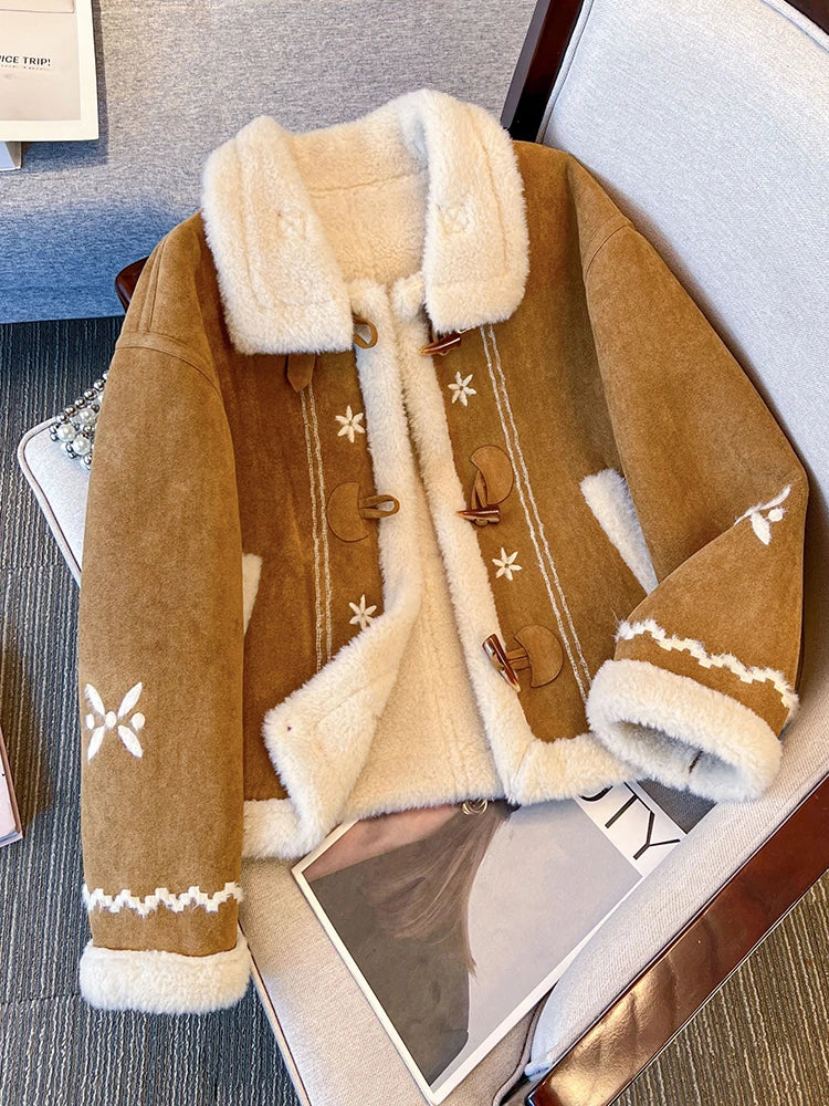 1. Faux Shearling Suede Short Jacket Thick Fleece Lined Loose Fit Winter Coat With Embroidery And Toggle Closure